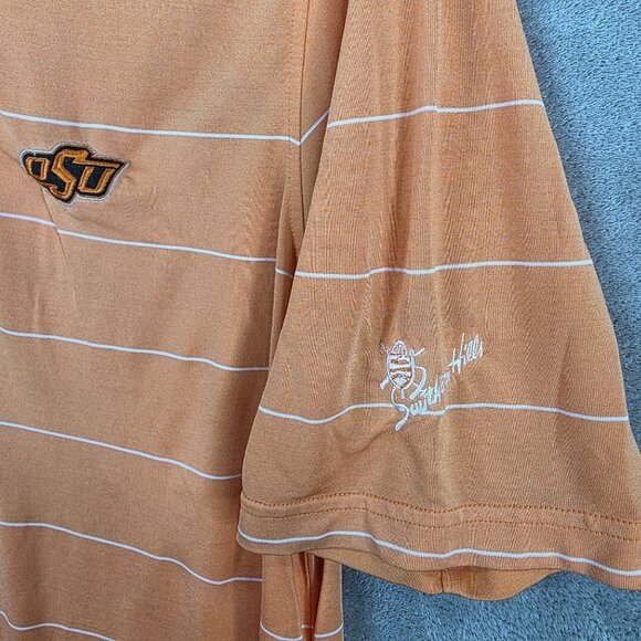 Mens Tech Orange & White Striped OSU Polo Shirt Short Sleeve Polyester Stretch M - Picture 3 of 9